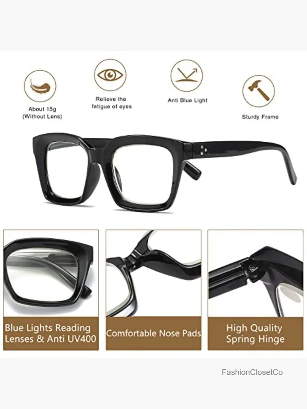 Fashion Square Reading Glasses with Spring Hinge Blue Light Blocking 3-Pack